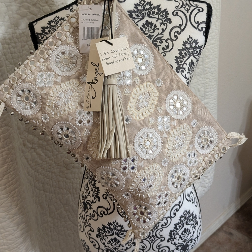 Handcrafted Beige and White Embroidered Clutch